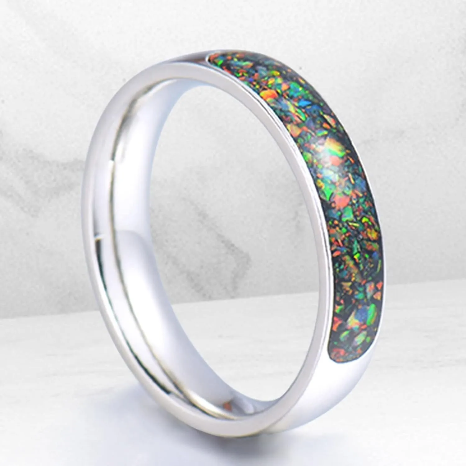 Silver Engagement Ring, Mens Rings Stainless Steel 8mm Silver Ring Inlay Wood Rings for Men and Women