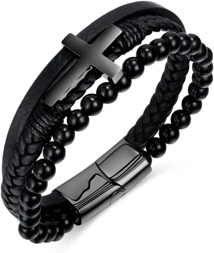 Simple and fashionable Stainless Steel Cross Multi-Layer Woven Cuff Men's for Bracelet Charm Bangles Jewelry