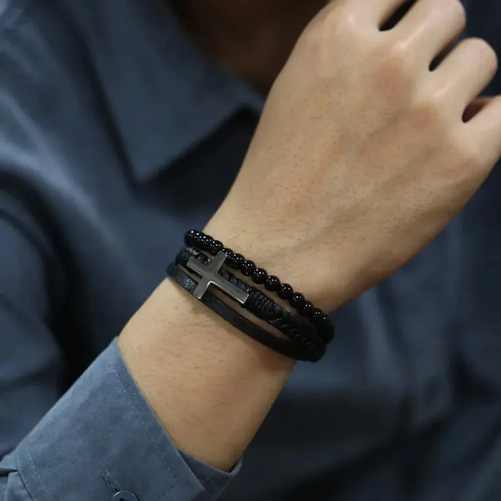 Simple and fashionable Stainless Steel Cross Multi-Layer Woven Cuff Men's for Bracelet Charm Bangles Jewelry
