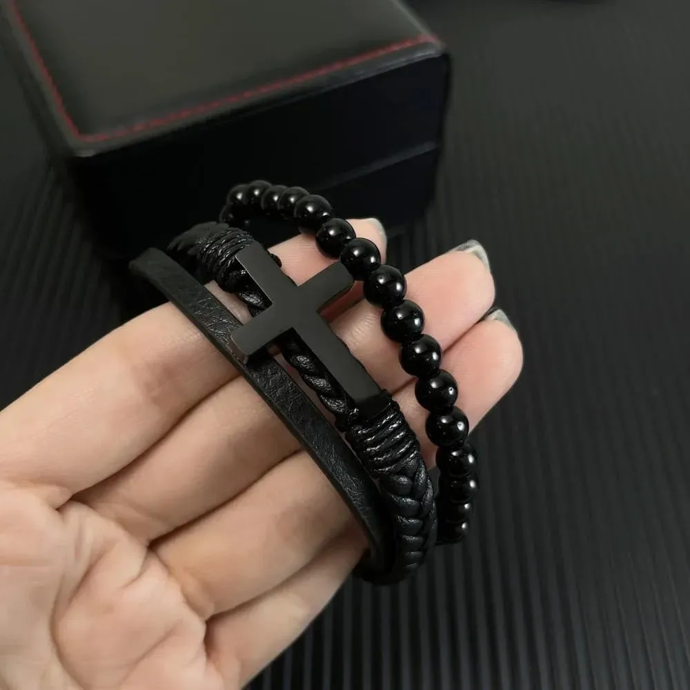 Simple and fashionable Stainless Steel Cross Multi-Layer Woven Cuff Men's for Bracelet Charm Bangles Jewelry
