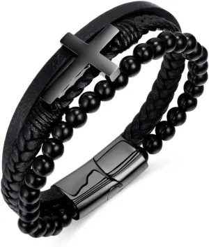 Simple and fashionable Stainless Steel Cross Multi-Layer Woven Cuff Men's for Bracelet Charm Bangles Jewelry