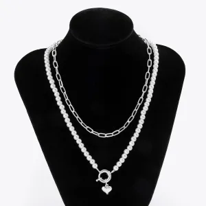 Simulated Pearls Multi Layer Chain Choker Necklace For Women Fashion Geometric Heart Round Pendant Punk Basic Chains Jewelry (Silver Color)
