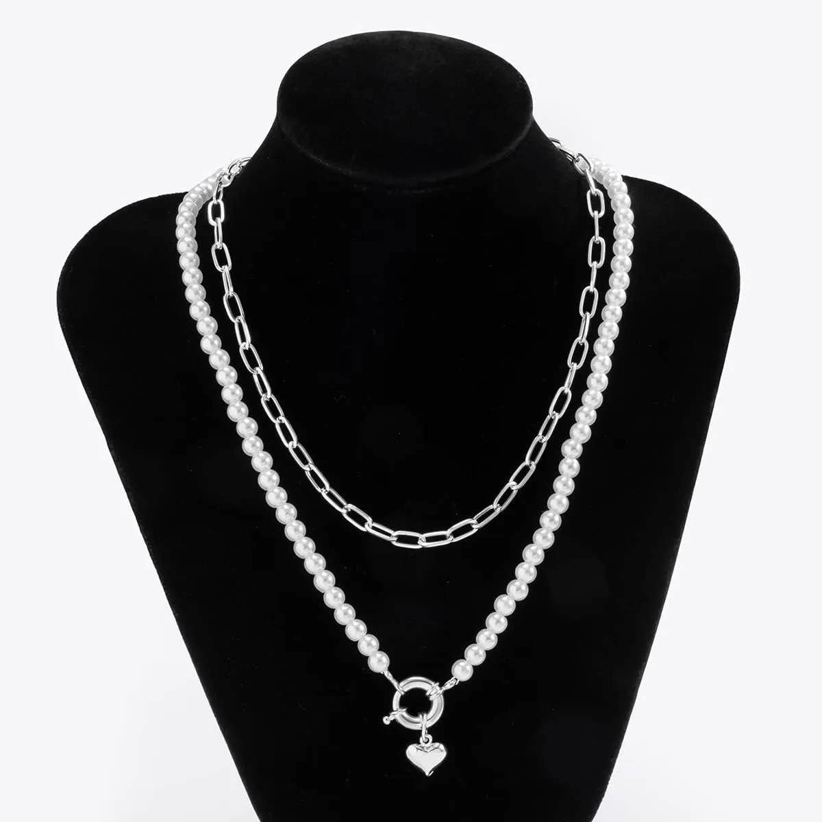 Simulated Pearls Multi Layer Chain Choker Necklace For Women Fashion Geometric Heart Round Pendant Punk Basic Chains Jewelry (Silver Color)