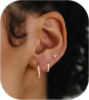 Small Gold Earrings Set 14K Gold Plated Dainty Stud Huggie Hoop Earrings for Multiple Piercing Hypoallergenic Small Hoop Dangle Earrings Sets for Women