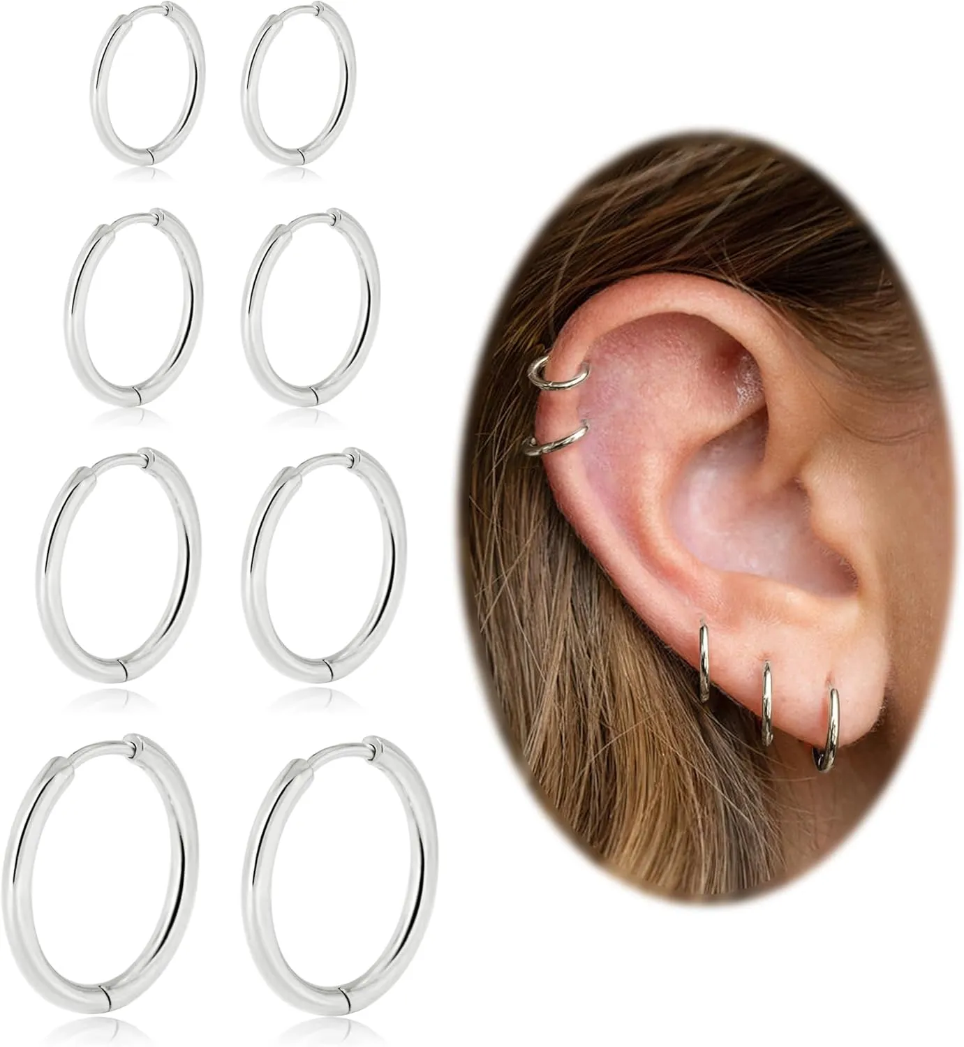 Small Hoop Earrings for Women Men Girls 14k Real Gold Plated Thin Gold Huggie Hoops Set for Cartilage Helix Hypoallergenic Surgical Stainless Steel 6/8/10/12mm