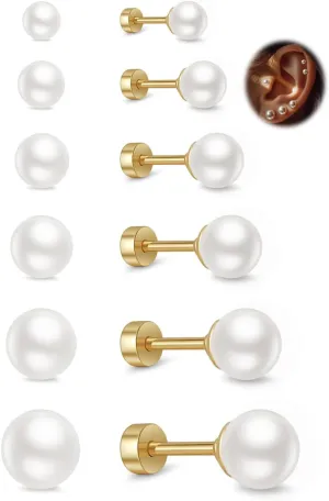 Small Pearl Stud Earrings for Women, 6 Pairs Hypoallergenic Flat Back Silver Pearl Studs Set 4-9MM, Surgical Stainless Steel Stud Earrings Sets for Multiple Piercing