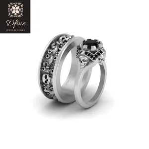 Solid 925 Sterling Silver Black Diamond French Flower Gothic Skull Engagement Ring Band Set Matching Skull Couple Set