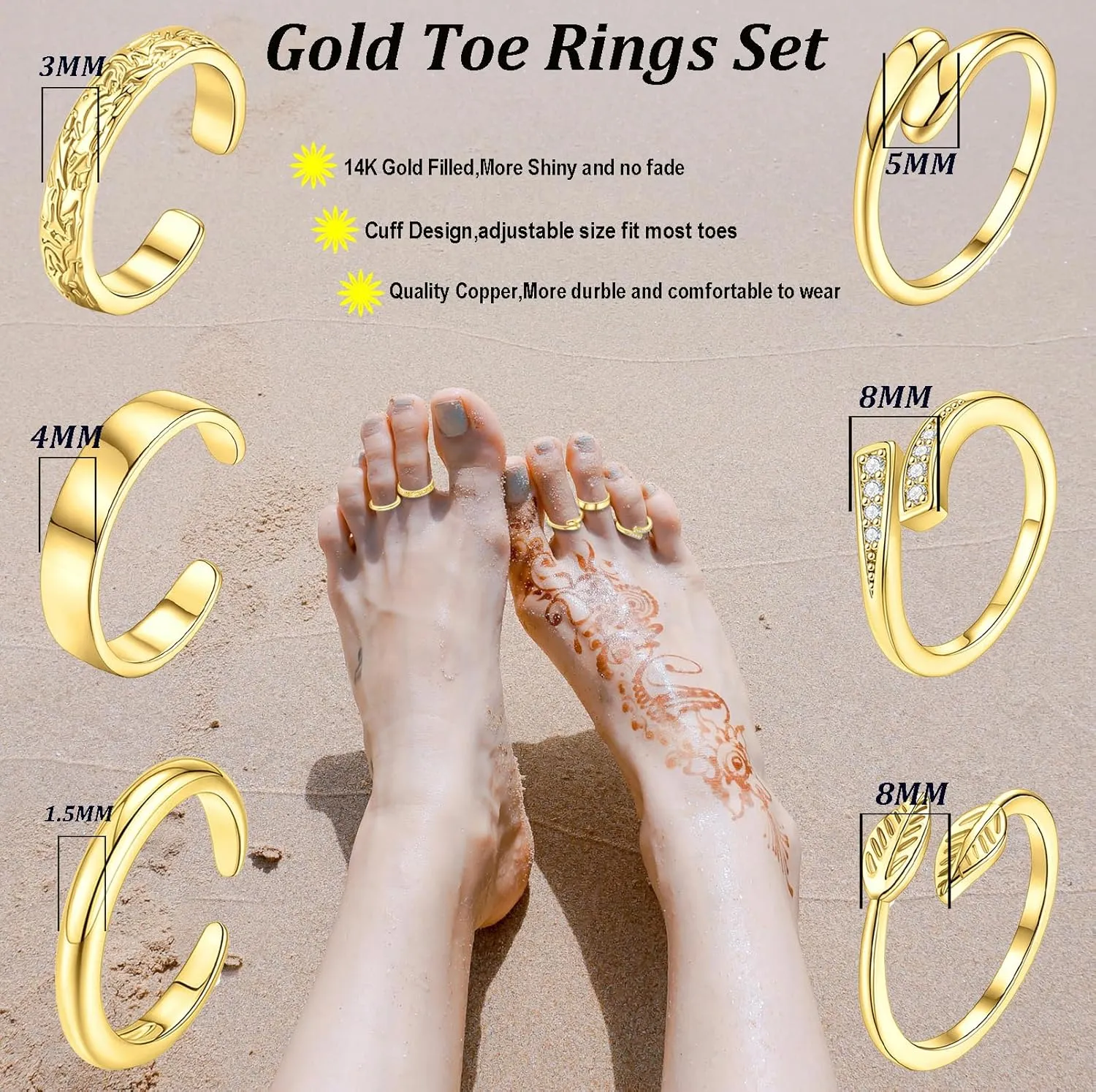 SONNYX Toe Rings for Women 14K Gold Silver Toe Ring Non Tarnish Adjustable Simple Open Band Toe Rings Summer Beach Foot Jewelry for Women