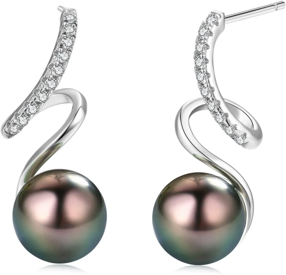 Spiral Love Drop Earrings AAA Quality Genuine Tahitian Black Pearl 8-9mm 18K Gold Plated 925 Sterling Silver  Birthday Anniversary Jewelry Gifts for Women
