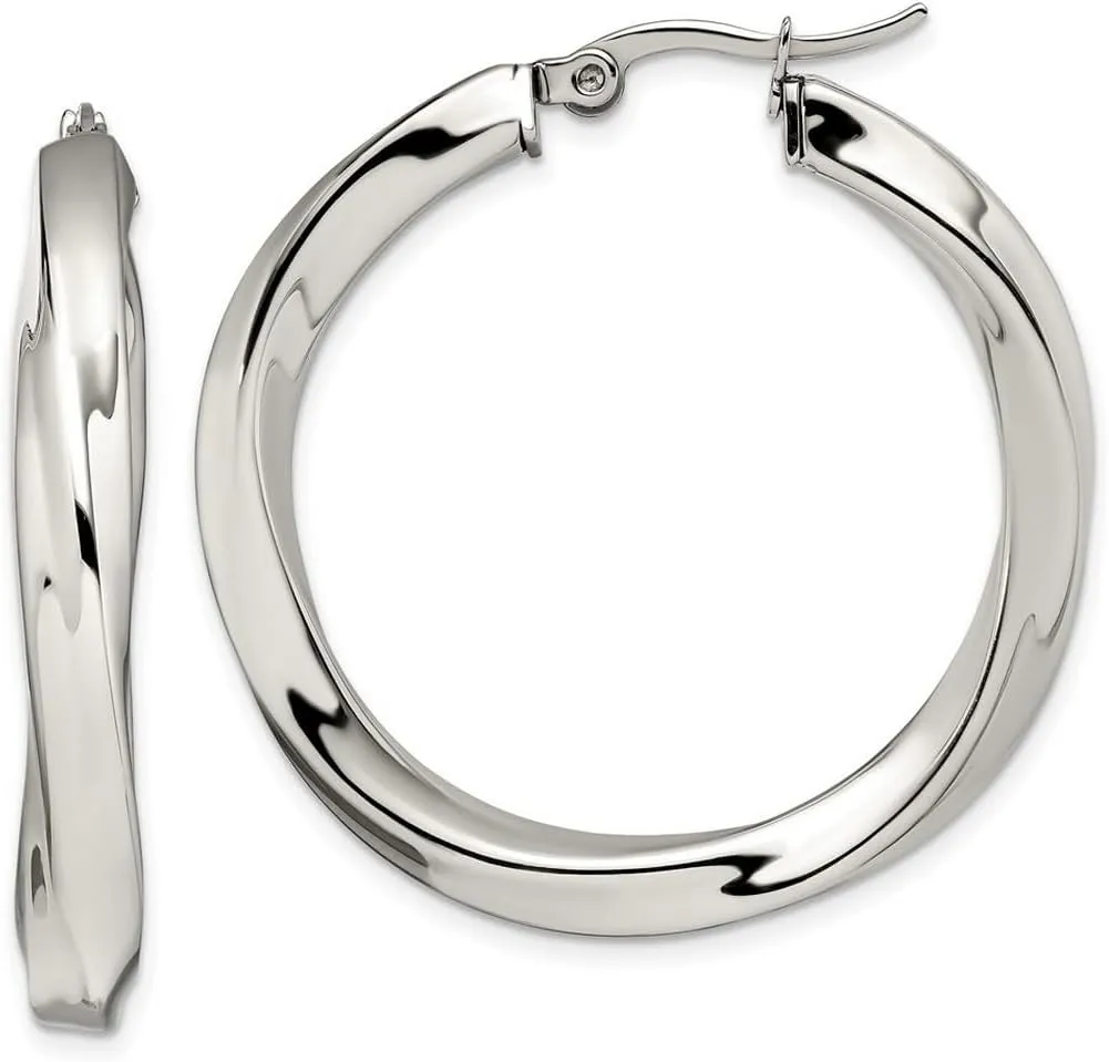Stainless Steel Hinged hoop Twisted Polished Hollow-Hoop Earrings 37x37mm Wide 7mm Thick-Hoop Earring for Women