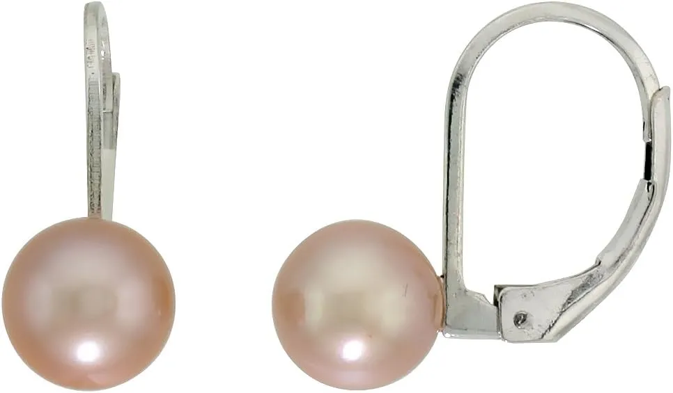 Sterling Silver Pearl Leverback Earrings for Women 7.5 mm High Luster Pink