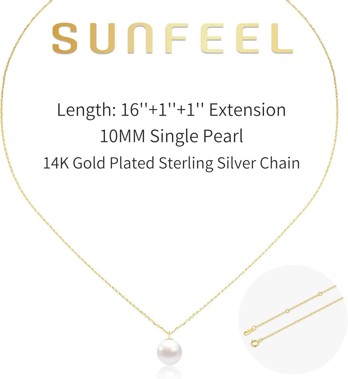 SUNFEEL Single Pearl Pendant Necklaces for Women 14K Gold Plated Sterling Silver Imitation Shell Pearl Necklace for Mom Wife Girlfriend Bridesmaids Jewelry Gifts for Prom Birthday Anniversary Wedding