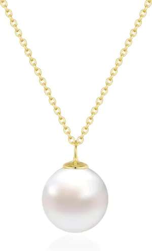SUNFEEL Single Pearl Pendant Necklaces for Women 14K Gold Plated Sterling Silver Imitation Shell Pearl Necklace for Mom Wife Girlfriend Bridesmaids Jewelry Gifts for Prom Birthday Anniversary Wedding