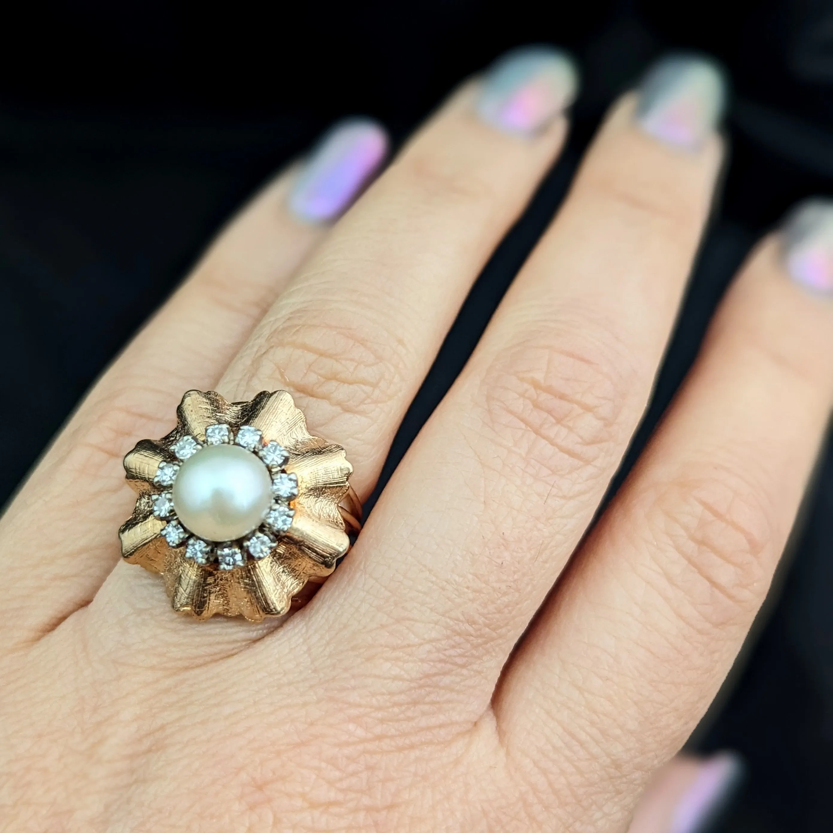The Lexington - Vintage Pearl Diamond 14k Gold Cocktail Ring c.1960s
