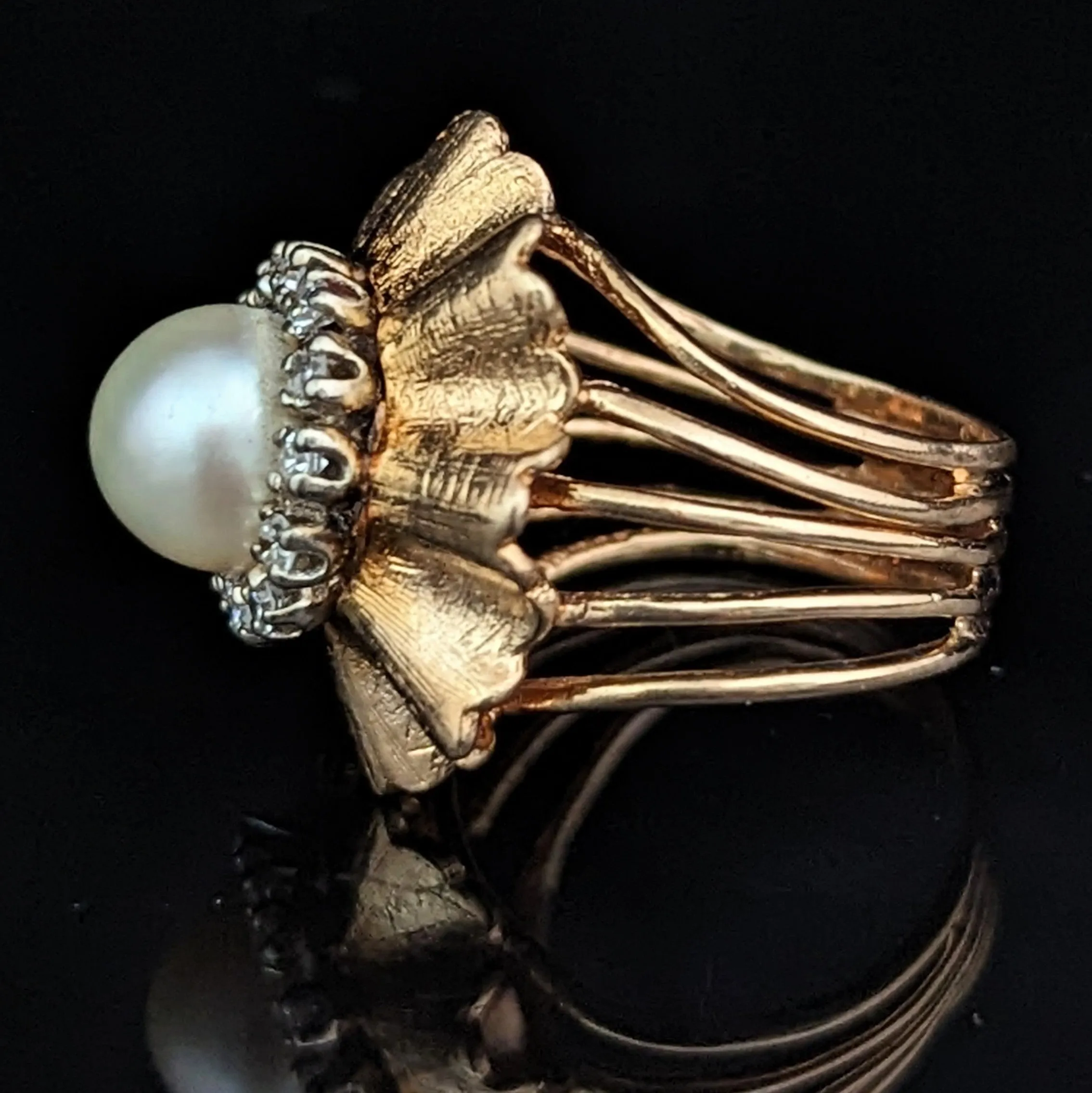 The Lexington - Vintage Pearl Diamond 14k Gold Cocktail Ring c.1960s