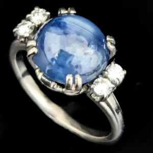 The Meredith - 1950s GIA Unheated 6ct Star Sapphire Diamonds Palladium Ring