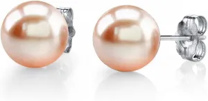 THE PEARL SOURCE Sterling Silver 8-9mm Round Peach Freshwater Cultured Pearl Stud Earrings for Women