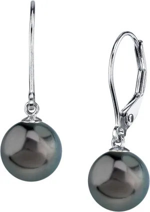 THE PEARL SOURCE Tahitian Real Pearl Earrings for Women - 14k Gold Leverback Earrings | Hypoallergenic Earrings with Genuine Round Tahitian Cultured Pearls, 8-9mm