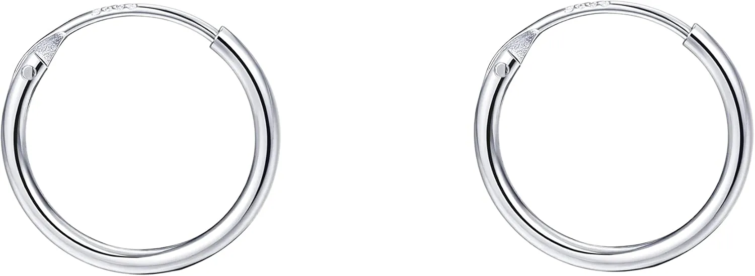 Tiny Hoop Earrings MUSECLOUD 925 Sterling Silver Endless Small Hoop Earrings For Women White Gold Plated Cartilage Earrings Set Thin Hoops Earrings (12MM, Silver 2PCS)