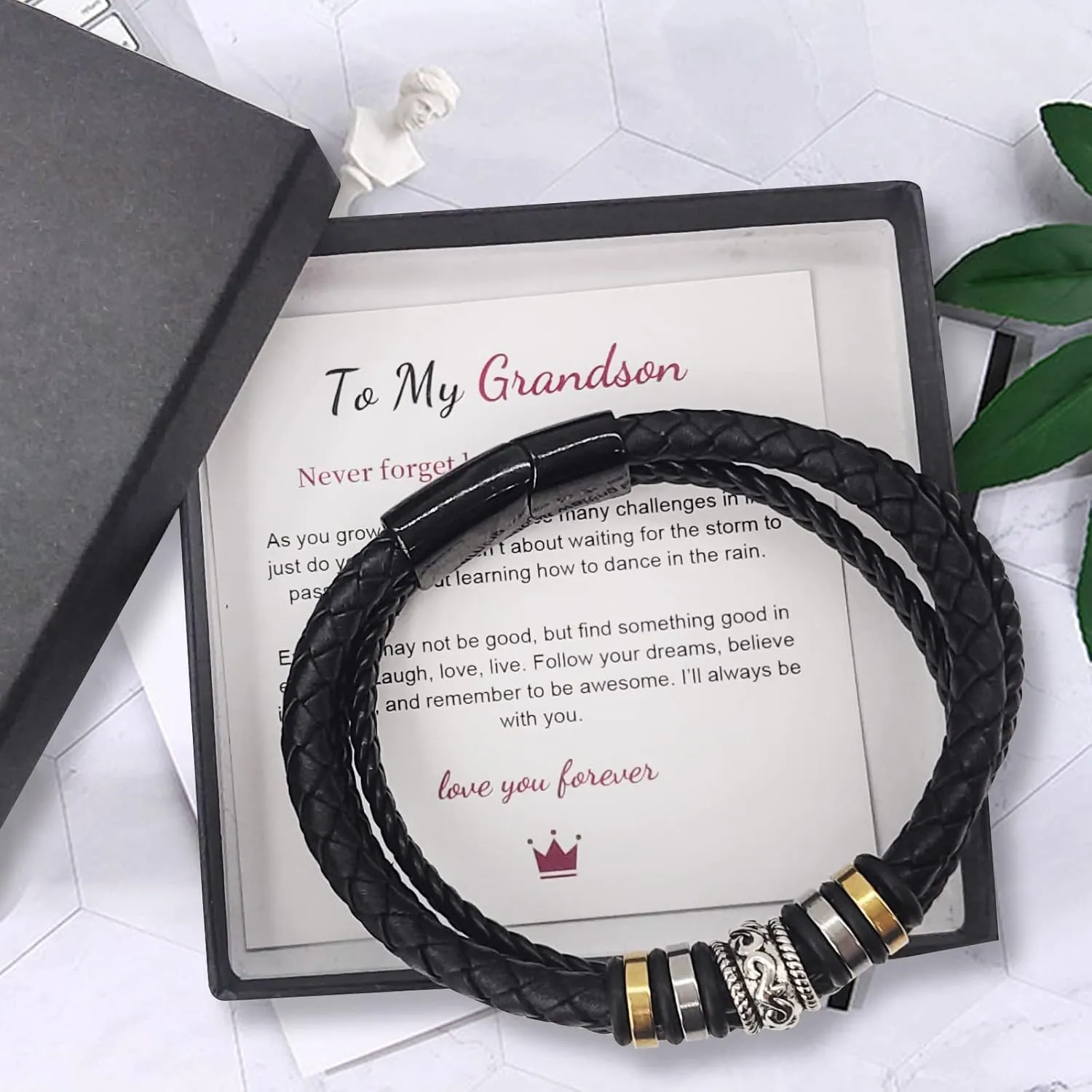 To My Grandson Braided Leather Bracelet Handmade Leather Bracelet for Men Love You Forever Braided Rope Wristband Bracelet Personalized Bracelets Gift for Grandso(To My Grandson)