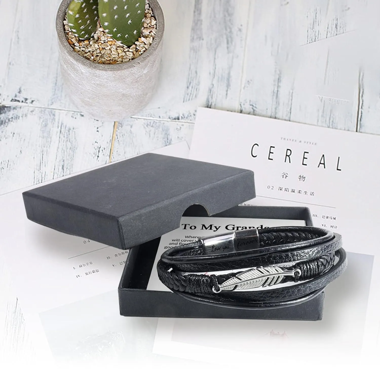 To My Grandson Feather Braided Bracelet Leather Bracelet for Men Leather Rope Bracelet Multi-Layer Wrap Braided Leather Cuff Bangle Bracelet for Birthday Easter Gifts (To My Grandson, Feather)