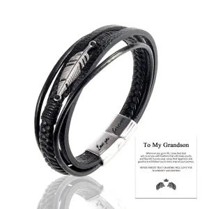 To My Grandson Feather Braided Bracelet Leather Bracelet for Men Leather Rope Bracelet Multi-Layer Wrap Braided Leather Cuff Bangle Bracelet for Birthday Easter Gifts (To My Grandson, Feather)