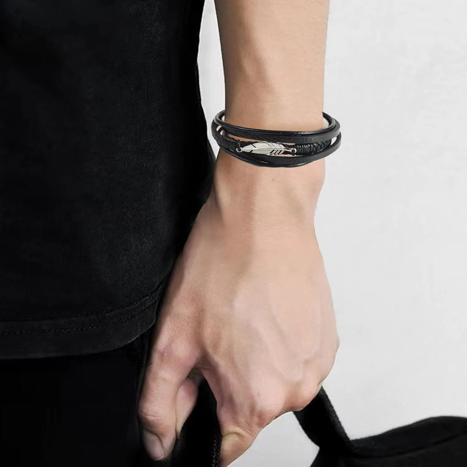 To My Grandson Feather Braided Bracelet Leather Bracelet for Men Leather Rope Bracelet Multi-Layer Wrap Braided Leather Cuff Bangle Bracelet for Birthday Easter Gifts (To My Grandson, Feather)