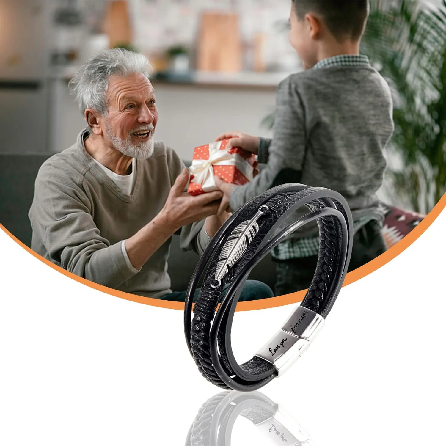 To My Grandson Feather Braided Bracelet Leather Bracelet for Men Leather Rope Bracelet Multi-Layer Wrap Braided Leather Cuff Bangle Bracelet for Birthday Easter Gifts (To My Grandson, Feather)