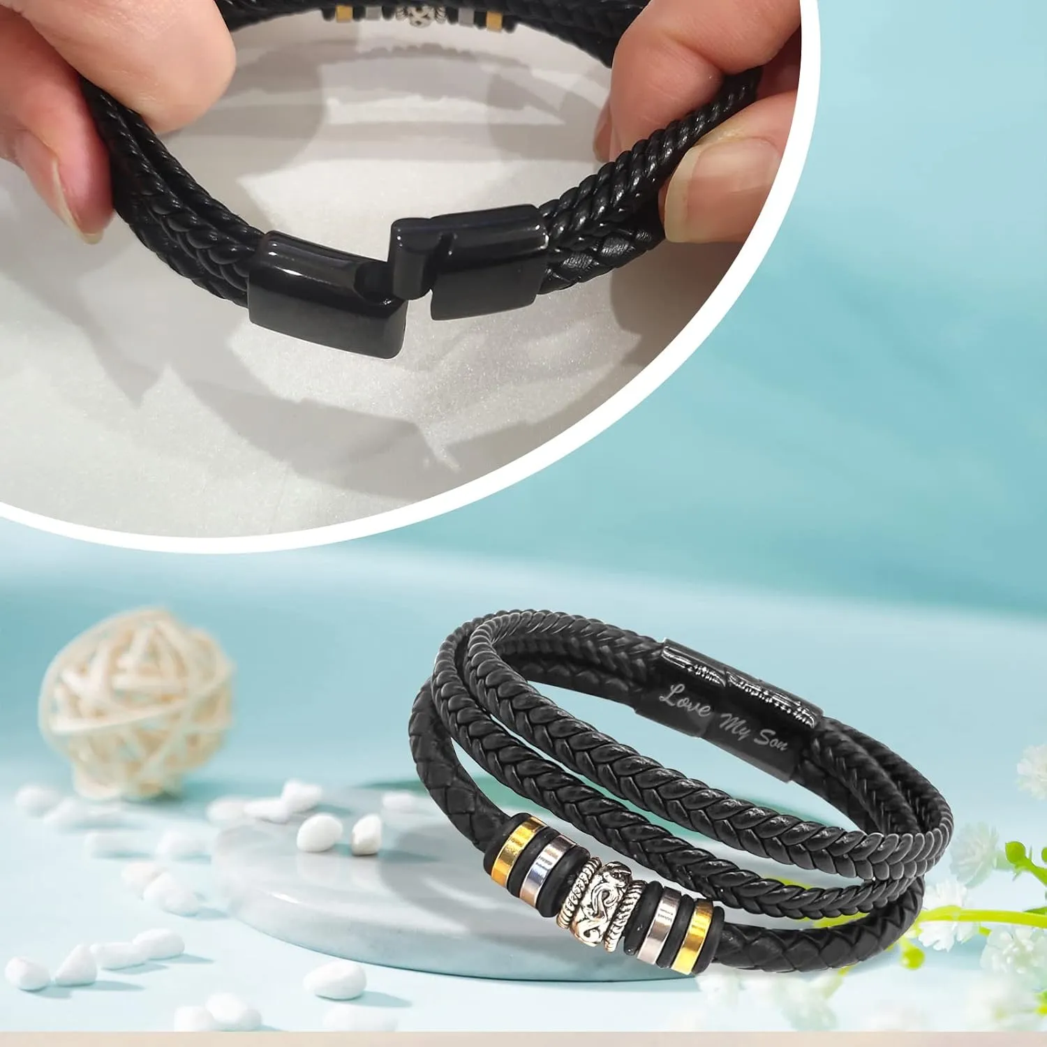 To My Son Braided Leather Bracelet Handmade Leather Bracelet for Men Love You Forever Braided Rope Wristband Bracelet Personalized Bracelets Gift for Son(To My Son)