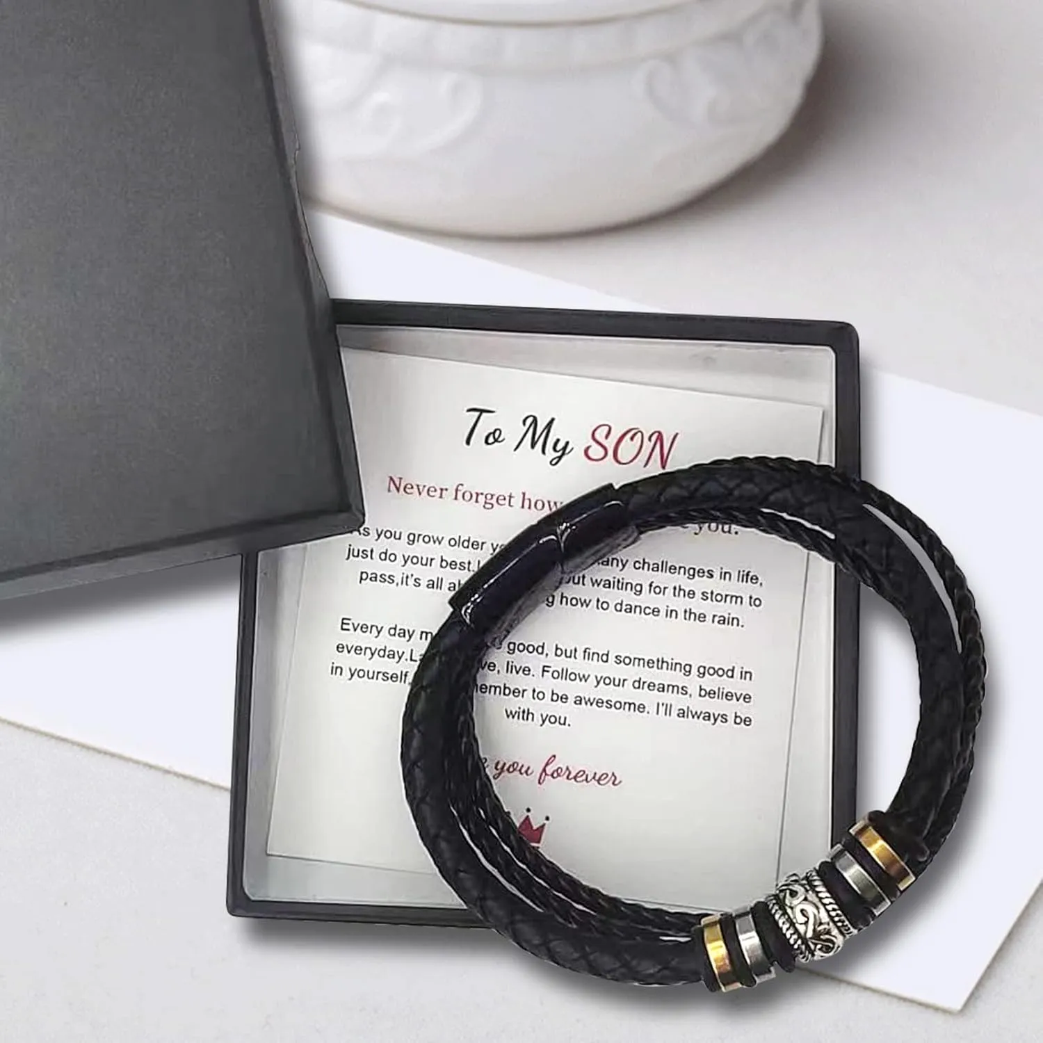 To My Son Braided Leather Bracelet Handmade Leather Bracelet for Men Love You Forever Braided Rope Wristband Bracelet Personalized Bracelets Gift for Son(To My Son)