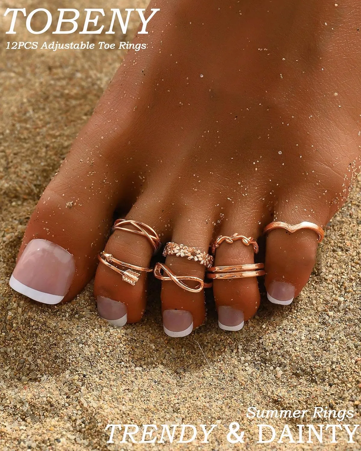 TOBENY 12PCS 14K Gold Plated Adjustable Toe Rings for Women Flower Arrow Band Open Tail Ring Women Beach Foot Jewelry Set