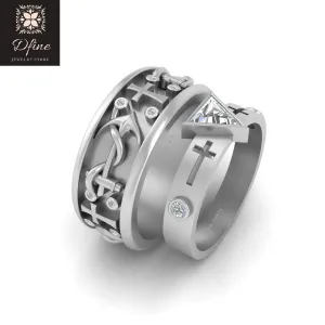 Triangle Diamond Nautical Anchor and Holy Cross Matching Wedding Ring Set For Couple Solid 925 Sterling Silver