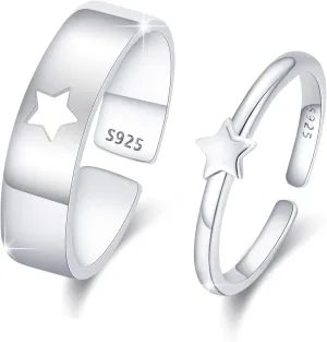 TUGHRA 2PCS Stars Couple Rings Set Matching Promise Rings for Couples 925 Sterling Silver Rings Engagement Wedding Band Sets for Him and Her Minimalist Jewelry Gifts