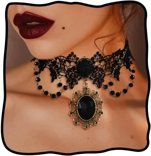 TWINKLEDE Gothic Lace Choker Collar Steampunk Necklace Black Crystal Halloween Necklaces for Women