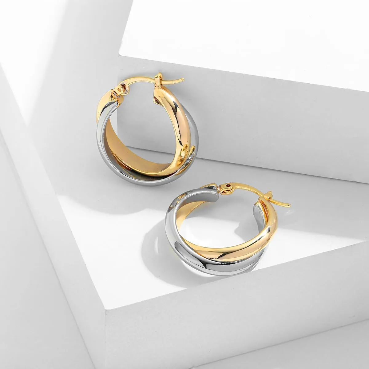 Two Tone Huggie Hoop Earrings For Women Statement Gold And Silver Earrings
