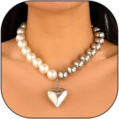 Two Tone Puffy Heart Necklaces Vintage Chunky Love Pendant Necklaces Dainty Round Pearl Beaded Choker Statement Jewelry Gifts for Women