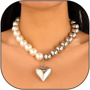 Two Tone Puffy Heart Necklaces Vintage Chunky Love Pendant Necklaces Dainty Round Pearl Beaded Choker Statement Jewelry Gifts for Women