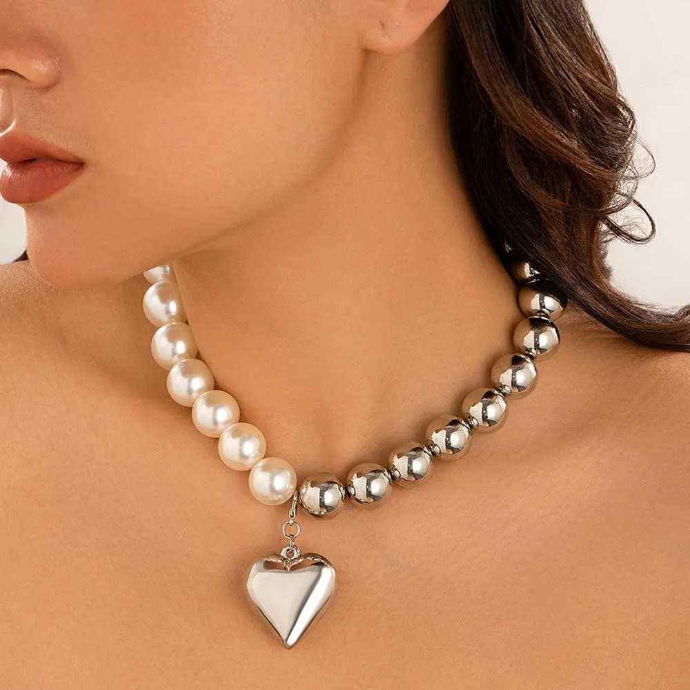 Two Tone Puffy Heart Necklaces Vintage Chunky Love Pendant Necklaces Dainty Round Pearl Beaded Choker Statement Jewelry Gifts for Women