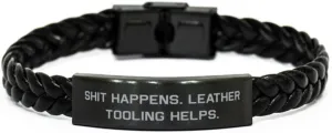 Useful Leather Tooling Gifts, Shit Happens. Leather, Inspire Birthday Braided Leather Bracelet Gifts For Friends From Friends, Leather tools, Leather working, Leathercraft, Gift ideas, Handmade gifts,