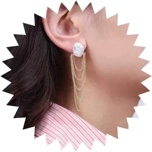 Vintage Baroque Pearl Stud Earrings Tassel Chain Drop Earrings Hammered Pearl Chain Fringe Earrings Gold Chain Chandelier Dangle Earrings Jewelry for Women