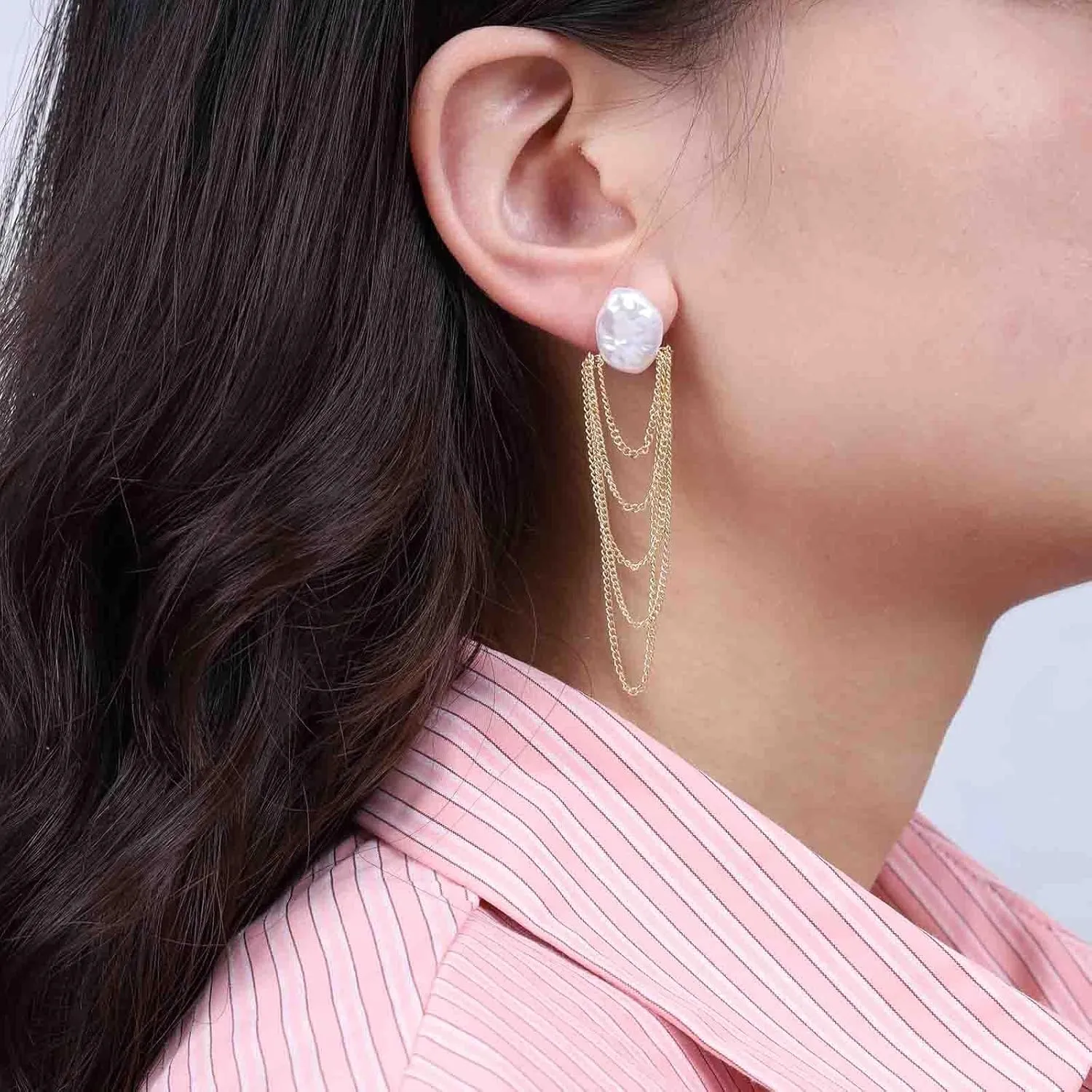 Vintage Baroque Pearl Stud Earrings Tassel Chain Drop Earrings Hammered Pearl Chain Fringe Earrings Gold Chain Chandelier Dangle Earrings Jewelry for Women