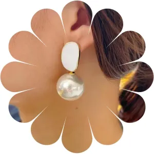 Vintage Large Pearl Earrings Round Pearl Drop Earrings White Pearl Stud Earrings Single Pearl Dangle Earrings Enamel Pearl Dangle Earrings Jewelry for Women