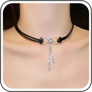 Vintage Layered Leather Choker Necklace Black Leather Cord Necklace Silver Rhinestone Bow Tassel Necklaces Short Leather Necklaces Jewelry for Women