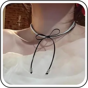 Vintage Layered Leather Pearl Choker Necklace Black Leather Bow Tie Necklace Round Pearl Chain Necklaces Black Tie Up Choker White Pearl Collar Necklaces Jewelry for Women