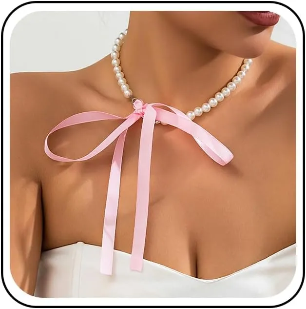 Vintage Pearl Ribbon Choker Necklace Black Ribbon Bow Necklace Round Pearl Long Bow Tie Up Necklaces Pearl Strand Collar Necklaces Jewelry for Women
