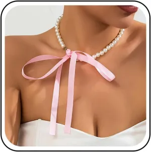 Vintage Pearl Ribbon Choker Necklace Black Ribbon Bow Necklace Round Pearl Long Bow Tie Up Necklaces Pearl Strand Collar Necklaces Jewelry for Women