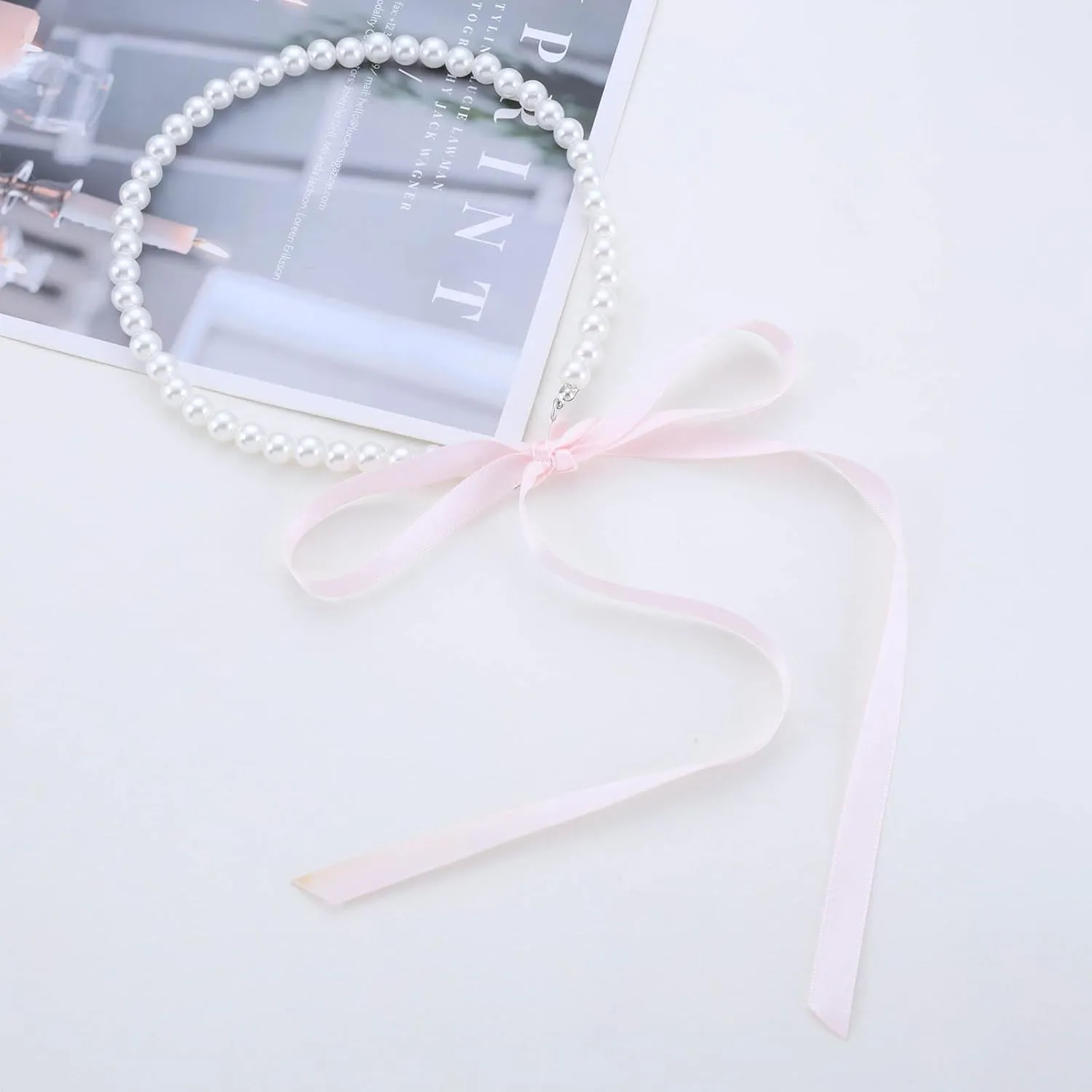 Vintage Pearl Ribbon Choker Necklace Black Ribbon Bow Necklace Round Pearl Long Bow Tie Up Necklaces Pearl Strand Collar Necklaces Jewelry for Women