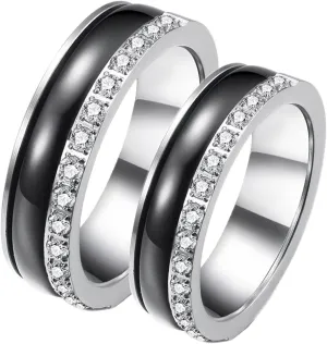 Wedding Rings Men, Stainless Steel Engagement Rings Silver Black Ring with Zirconia Proposal Couple Ring