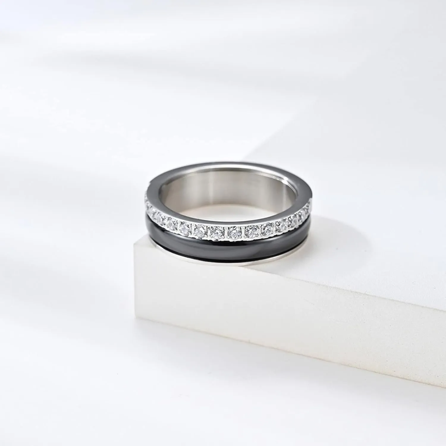 Wedding Rings Men, Stainless Steel Engagement Rings Silver Black Ring with Zirconia Proposal Couple Ring