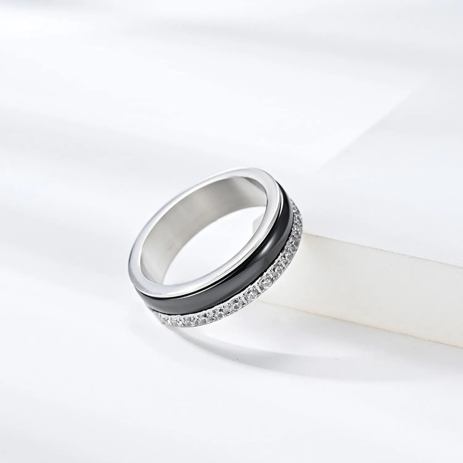 Wedding Rings Men, Stainless Steel Engagement Rings Silver Black Ring with Zirconia Proposal Couple Ring